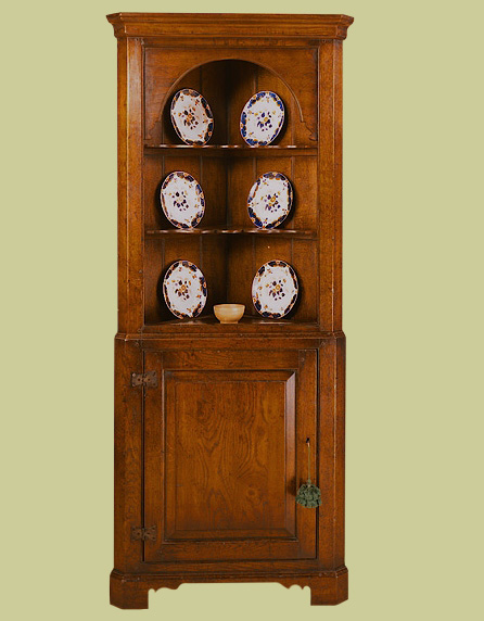 Corner cupboard, with arch top open display, handmade in solid oak.